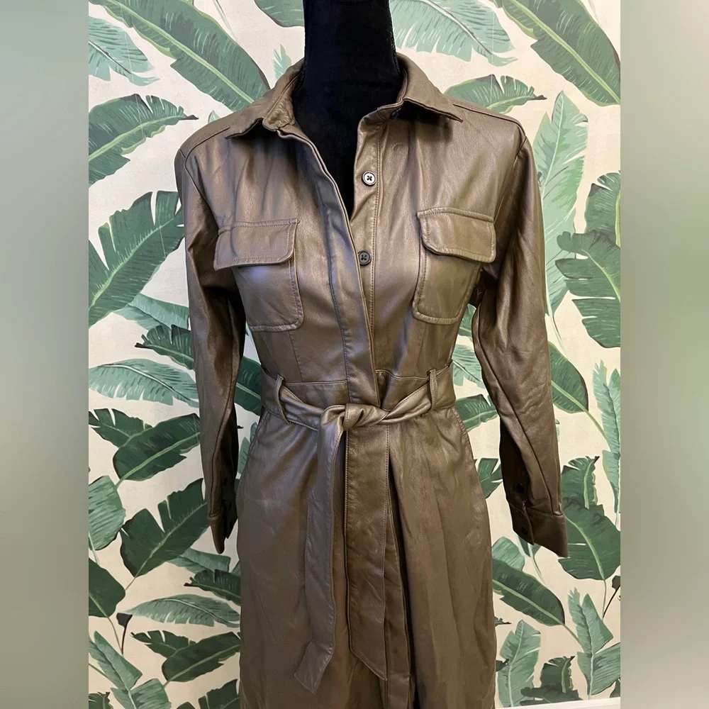 Marissa Webb RTR Green Faux Leather Dress Long Sleeve Trench Belted Womens 4 - Picture 4 of 10